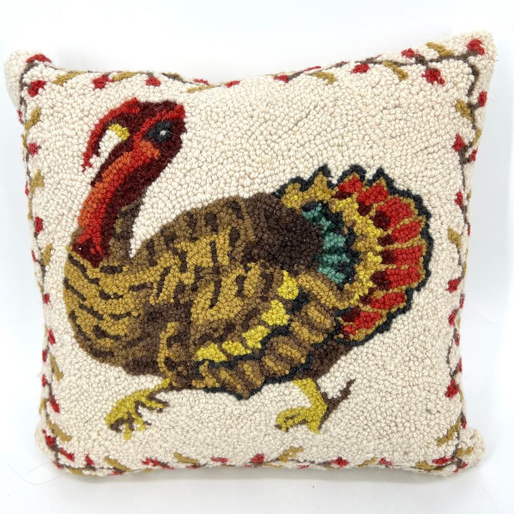 Vintage 80s Americana Arts Wool and Velvet Embroidered Turkey Pillow 16" x 16"
